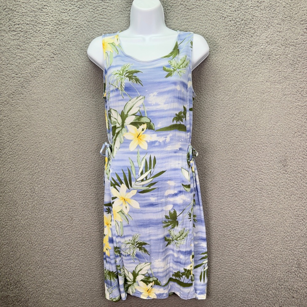 Tommy Bahama Dress Womens M Blue Tropical Palm Floral Rayon Sleeveless Tie Waist